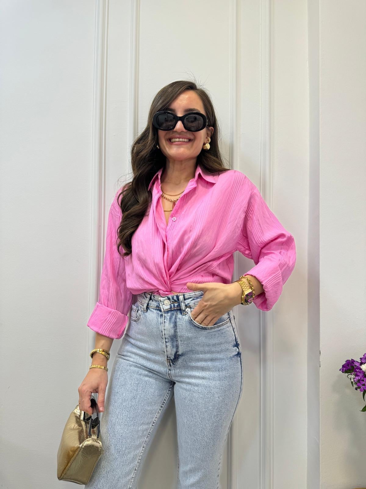 Pembe Jakar Çizgili Gömlek 506