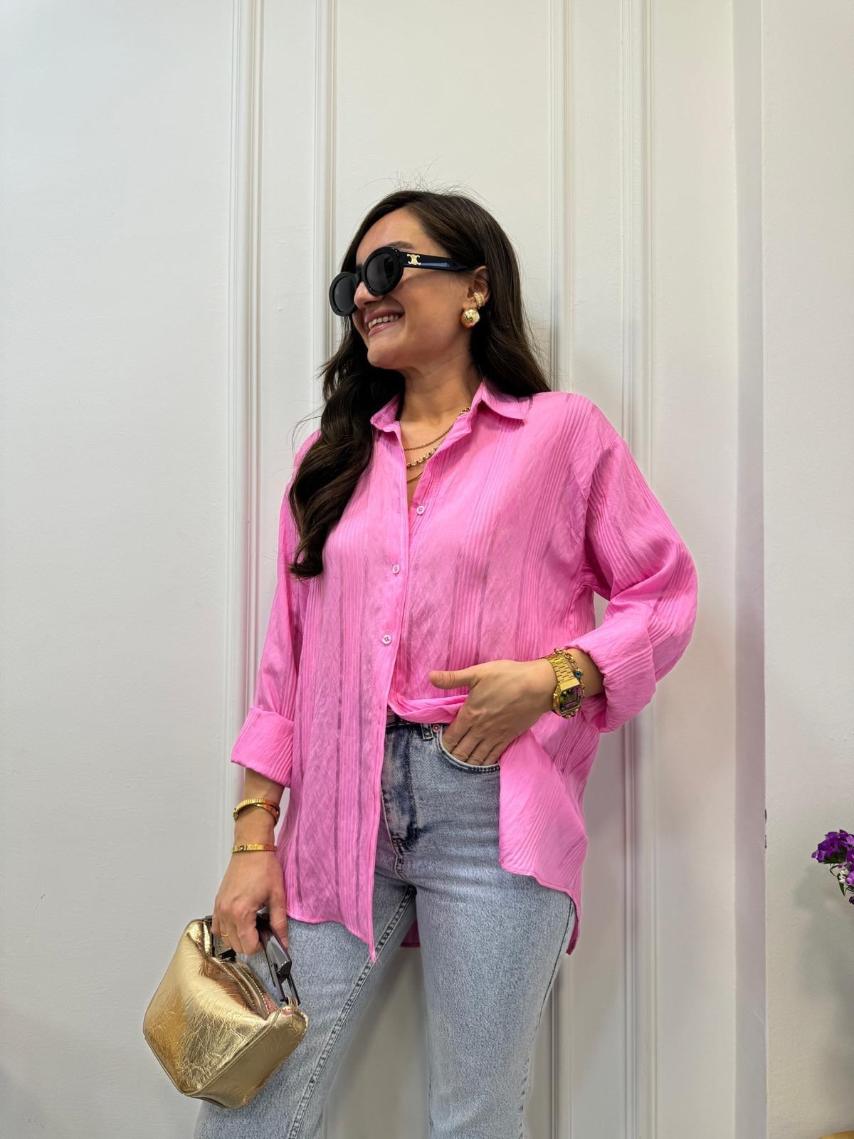 Pembe Jakar Çizgili Gömlek 506