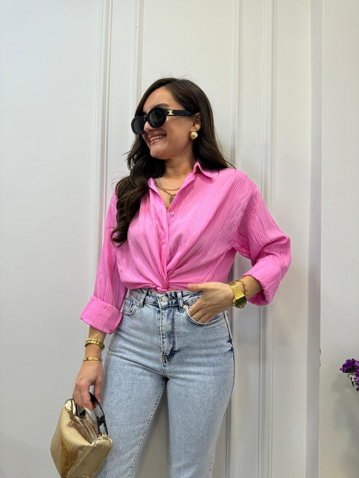 Pembe Jakar Çizgili Gömlek 506