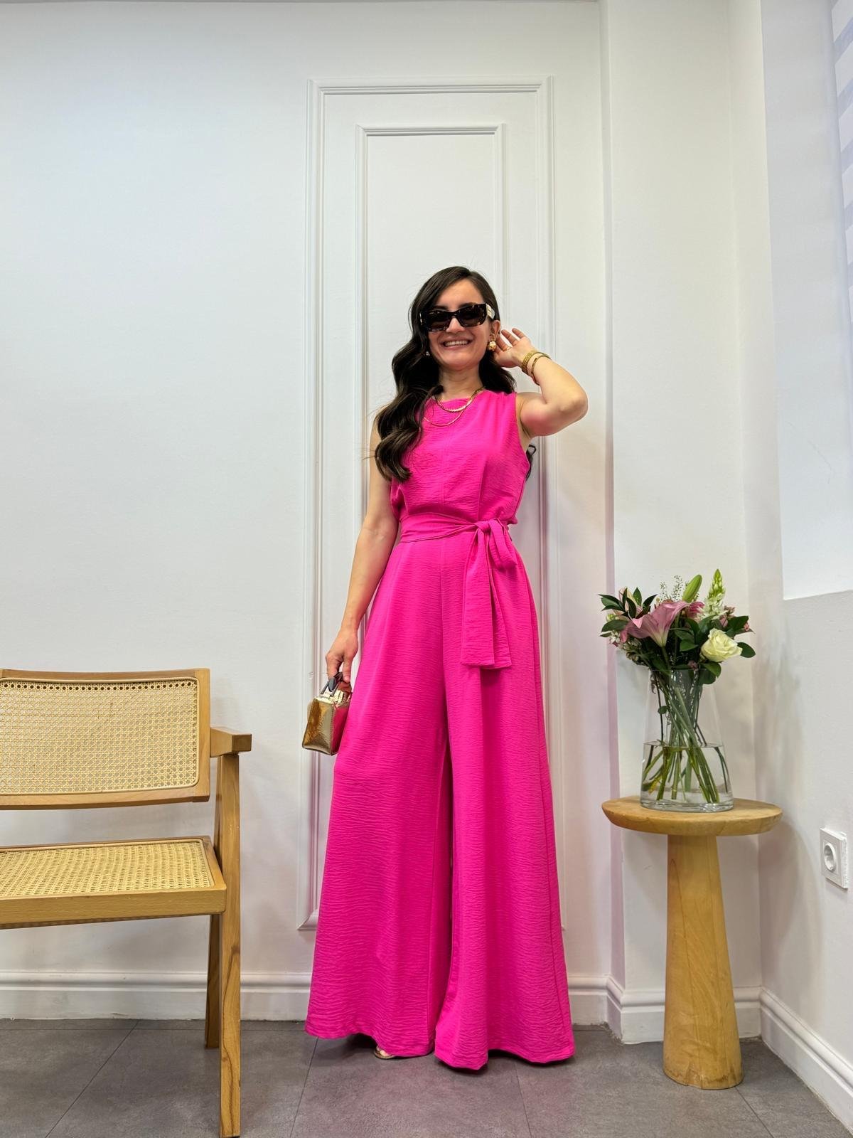 Pembe Kalın Askılı Kuşaklı Tulum 9112