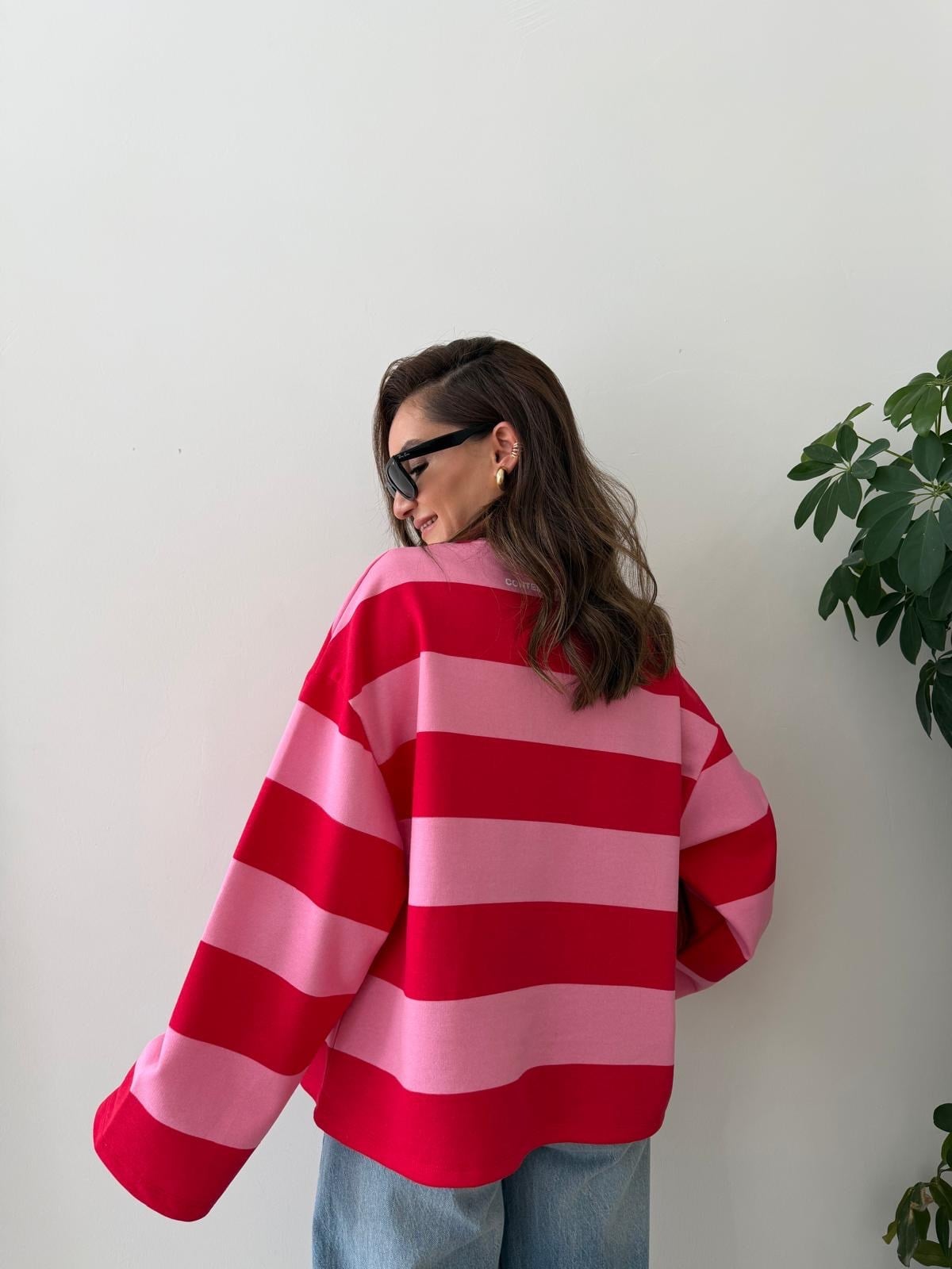 Pembe Kalın Çizgili Yazı Detaylı Sweatshirt 11262