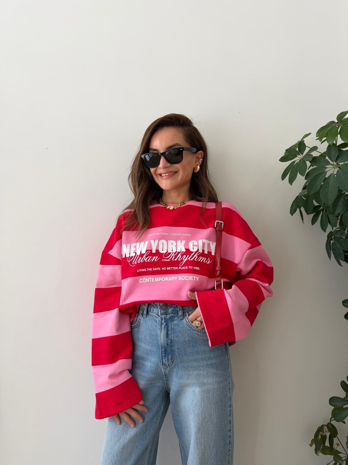 Pembe Kalın Çizgili Yazı Detaylı Sweatshirt 11262