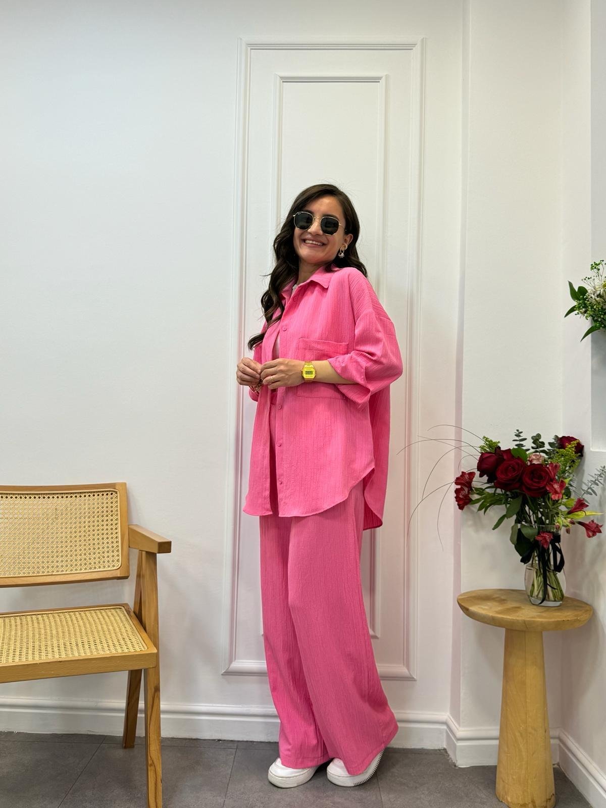 Pembe Kendinden Desenli Tek Cepli Gömlek Pantolon Takım 58566