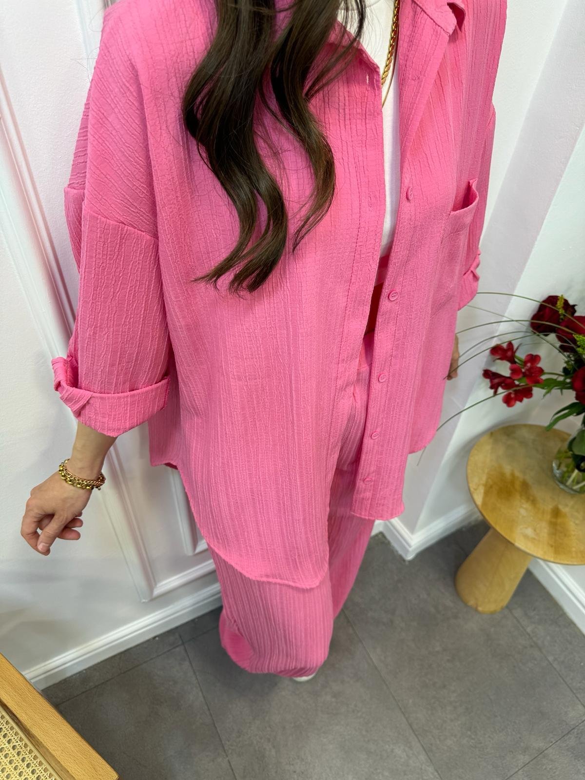 Pembe Kendinden Desenli Tek Cepli Gömlek Pantolon Takım 58566