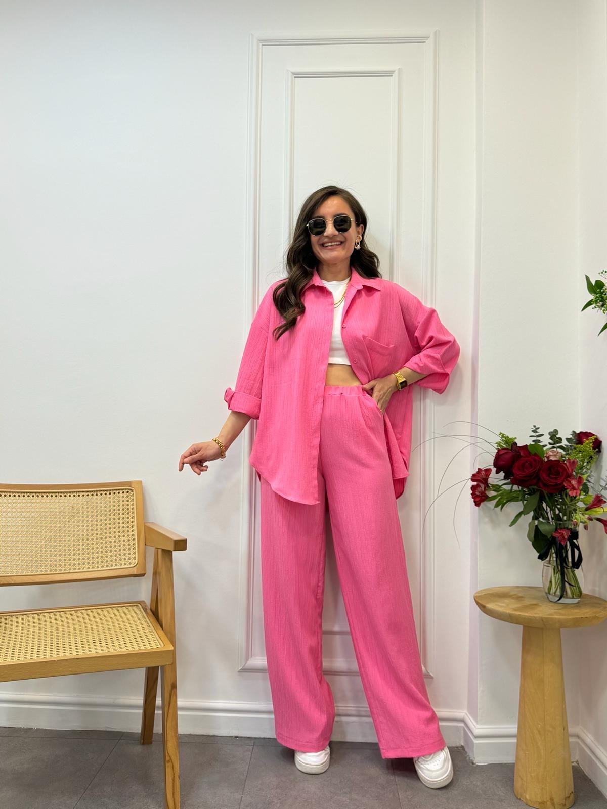 Pembe Kendinden Desenli Tek Cepli Gömlek Pantolon Takım 58566