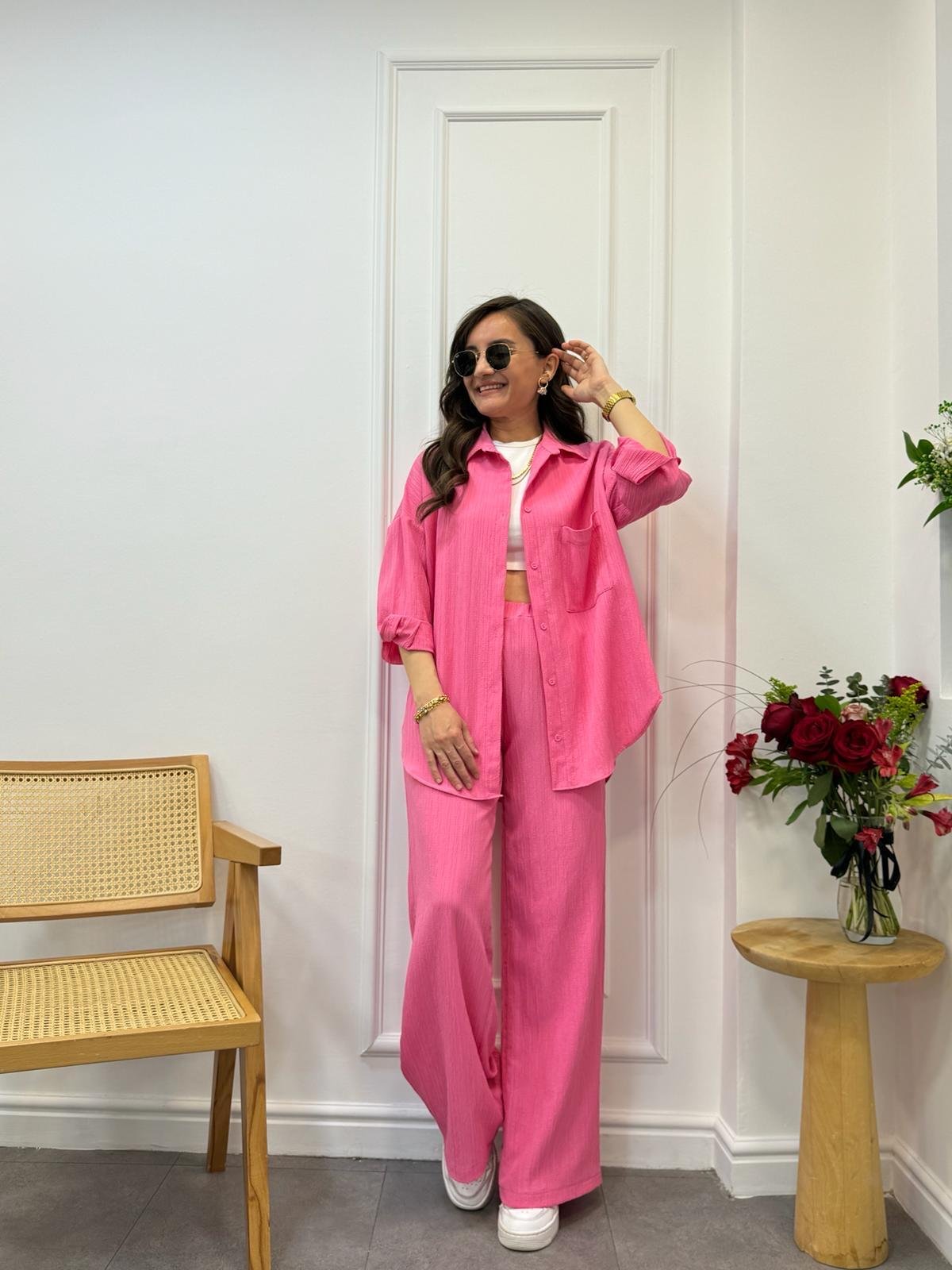 Pembe Kendinden Desenli Tek Cepli Gömlek Pantolon Takım 58566