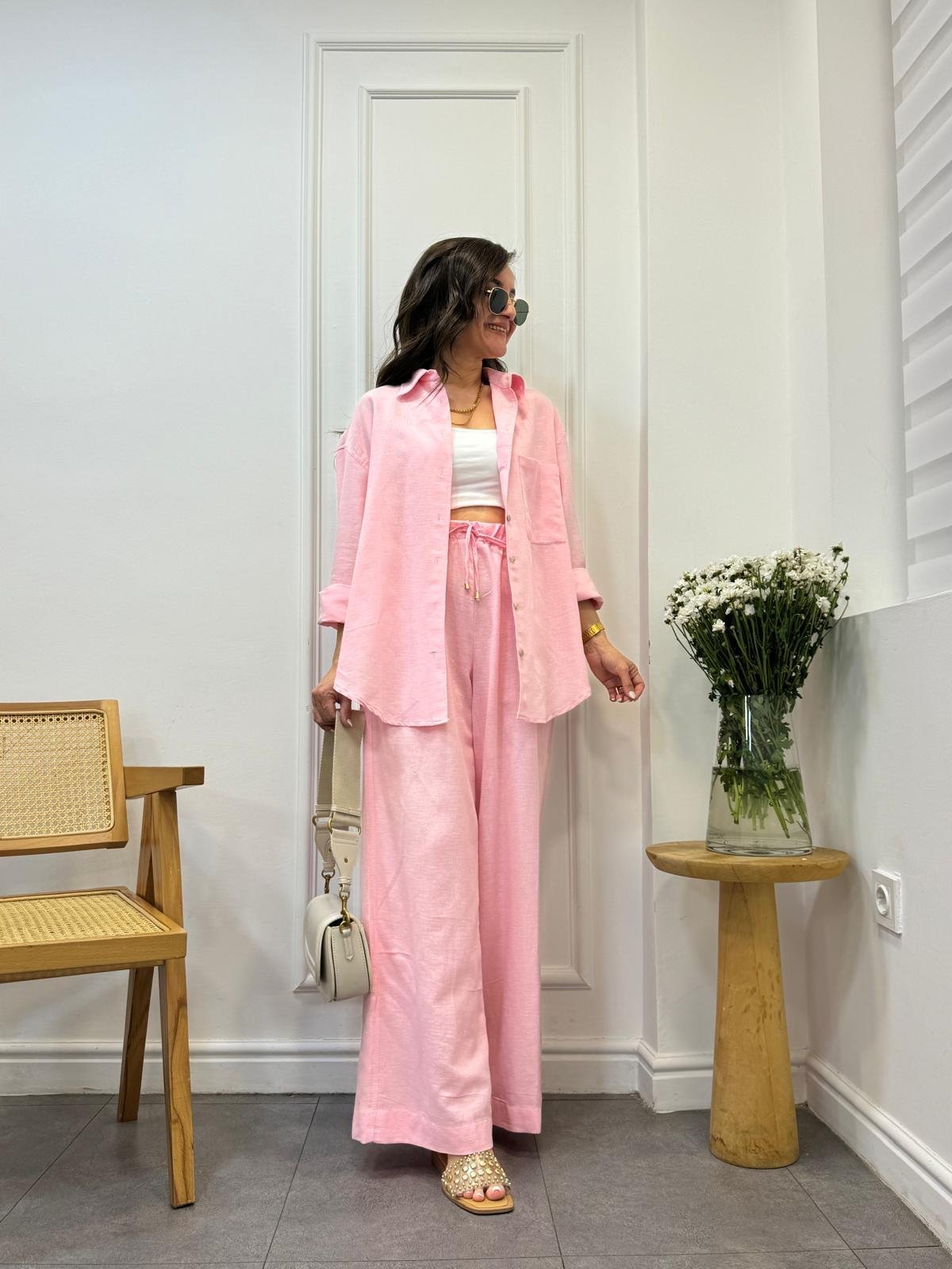 Pembe Keten Gömlek Pantolon Takım 00517