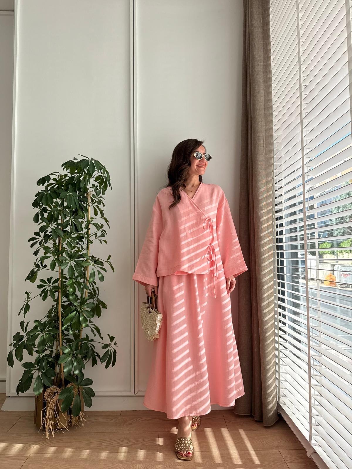 Pembe Keten Kimono Etek Takım 8717