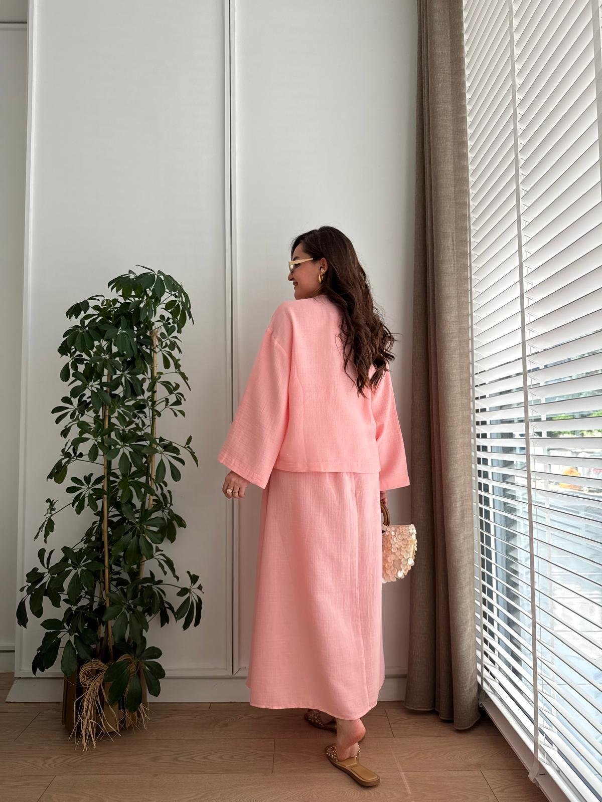 Pembe Keten Kimono Etek Takım 8717