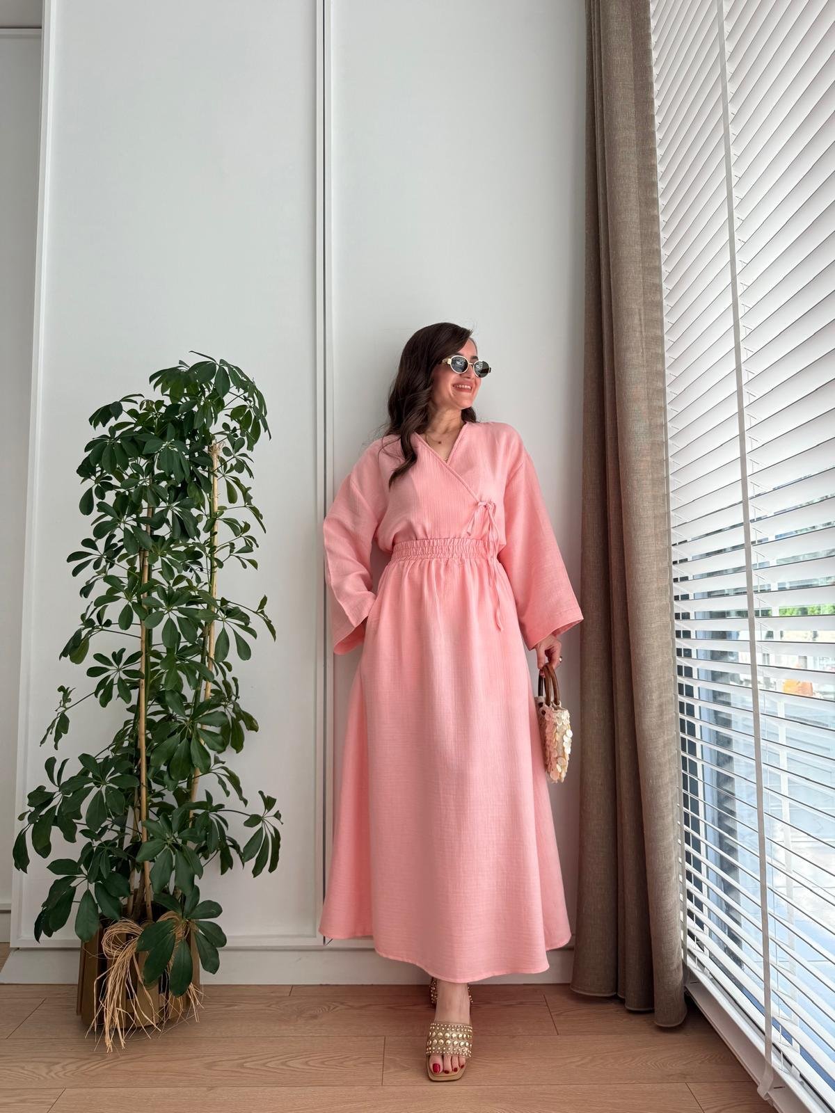 Pembe Keten Kimono Etek Takım 8717