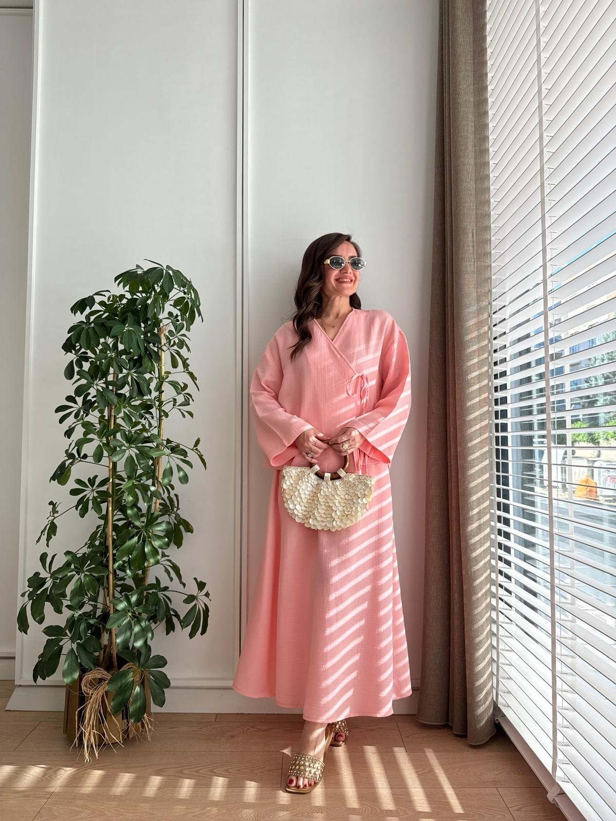 Pembe Keten Kimono Etek Takım 8717