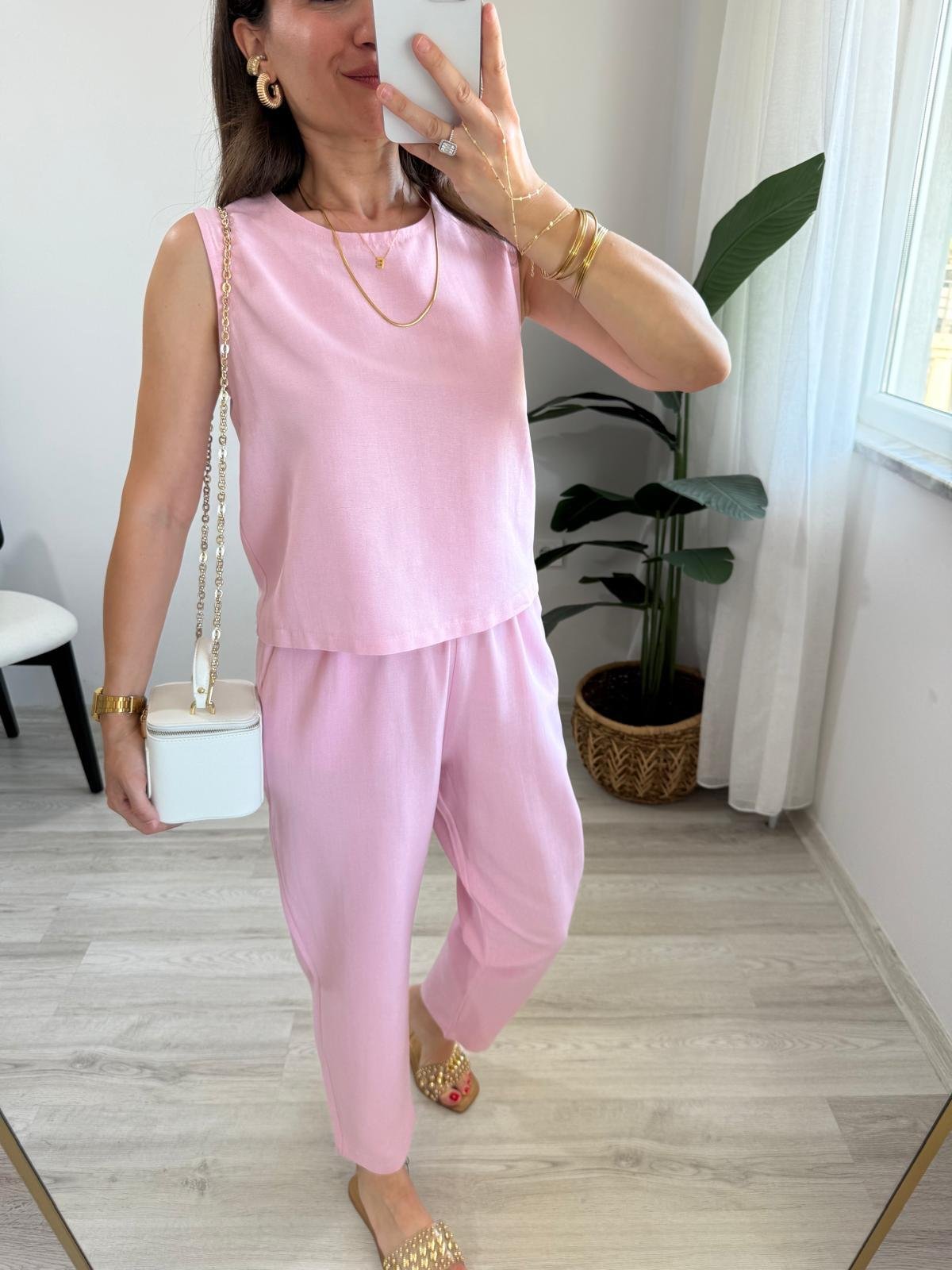 Pembe Keten Sıfır Kol Bluz Pantolon Takım 8796