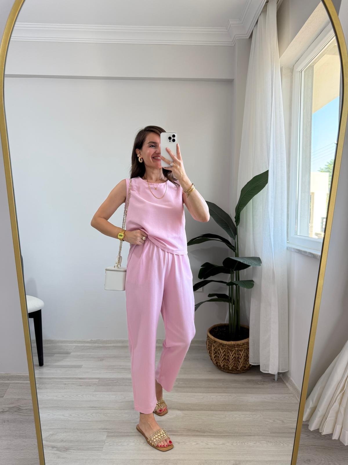 Pembe Keten Sıfır Kol Bluz Pantolon Takım 8796