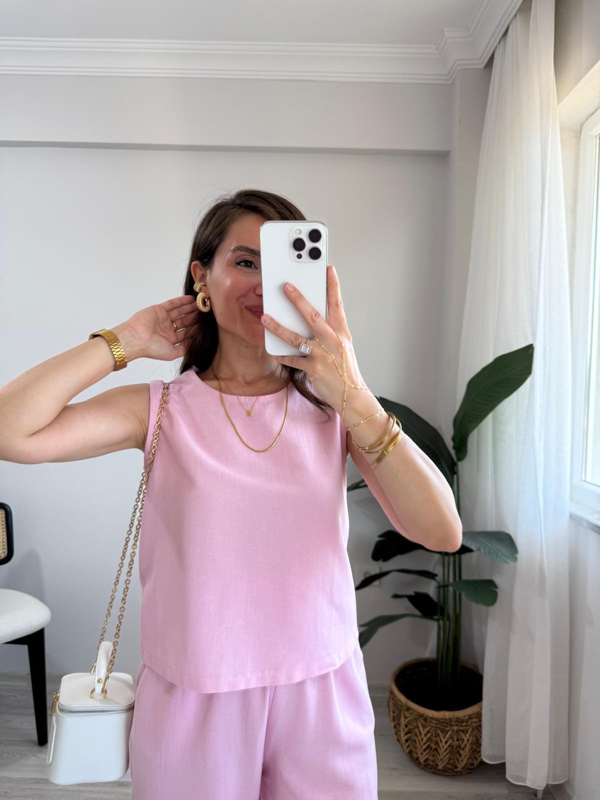 Pembe Keten Sıfır Kol Bluz Pantolon Takım 8796