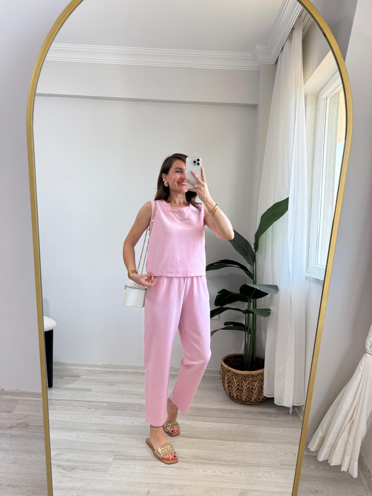 Pembe Keten Sıfır Kol Bluz Pantolon Takım 8796