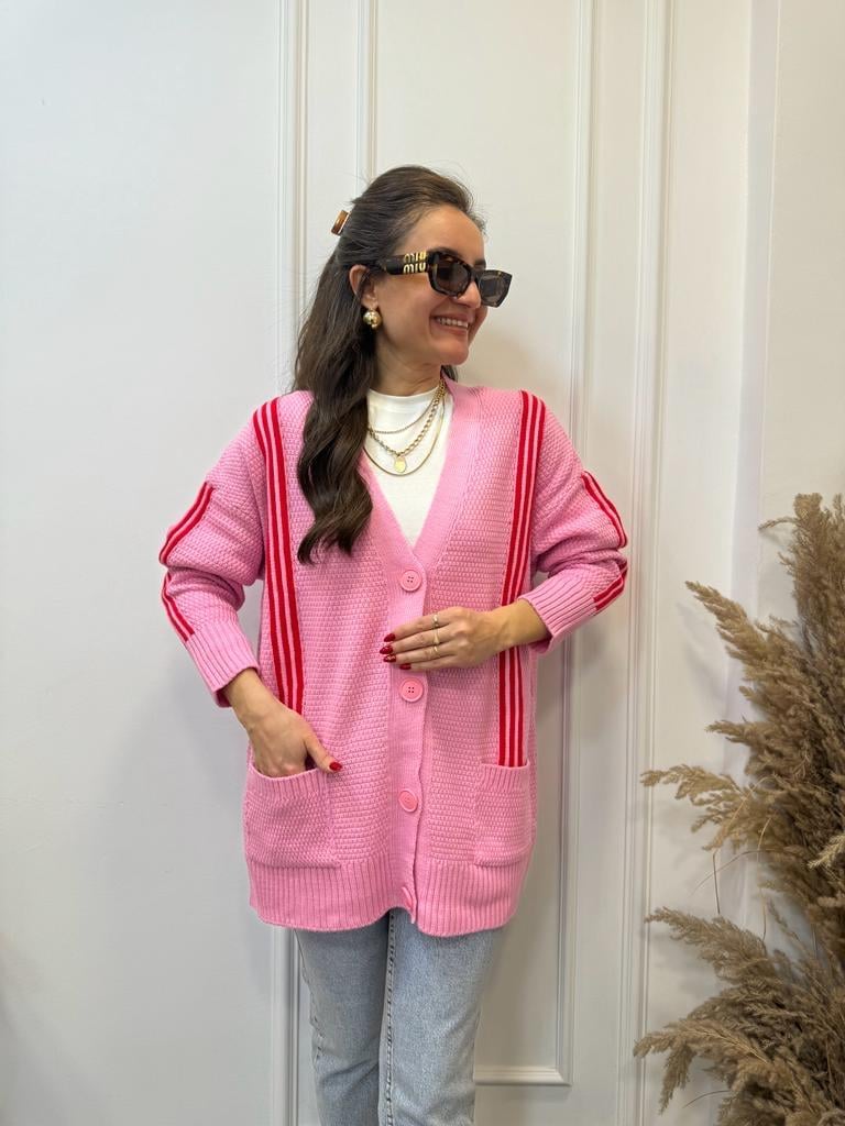 Pembe Kırmızı Çizgili Hırka 0080