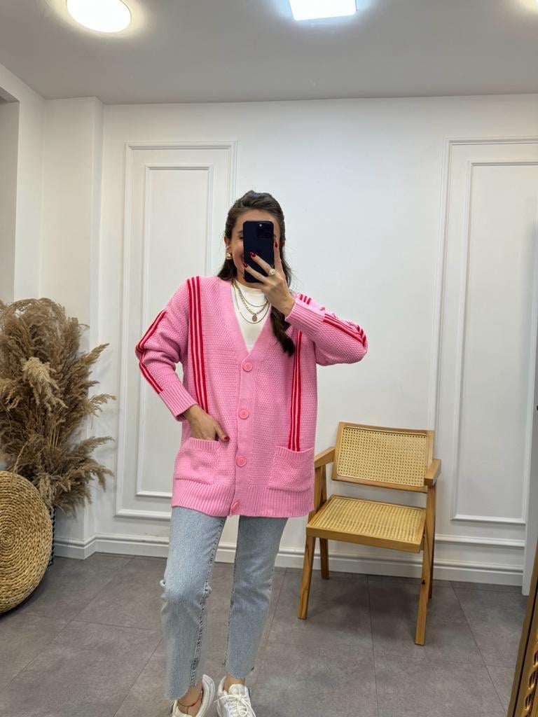 Pembe Kırmızı Çizgili Hırka 0080