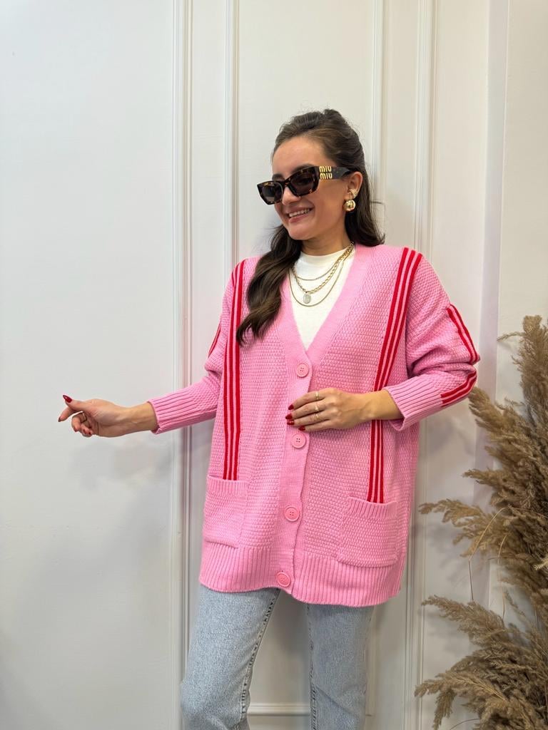 Pembe Kırmızı Çizgili Hırka 0080