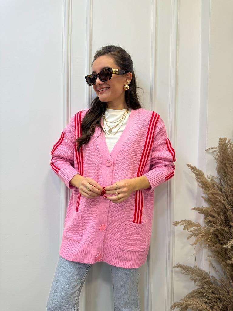 Pembe Kırmızı Çizgili Hırka 0080