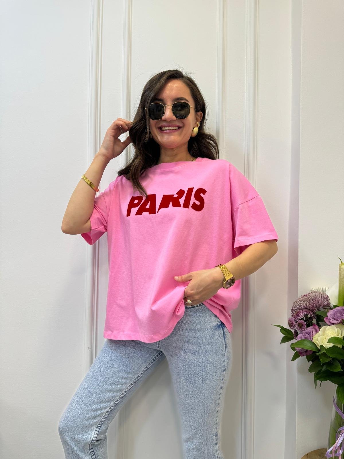 Pembe Kırmızı Paris Yazı Baskılı Tişört 241070