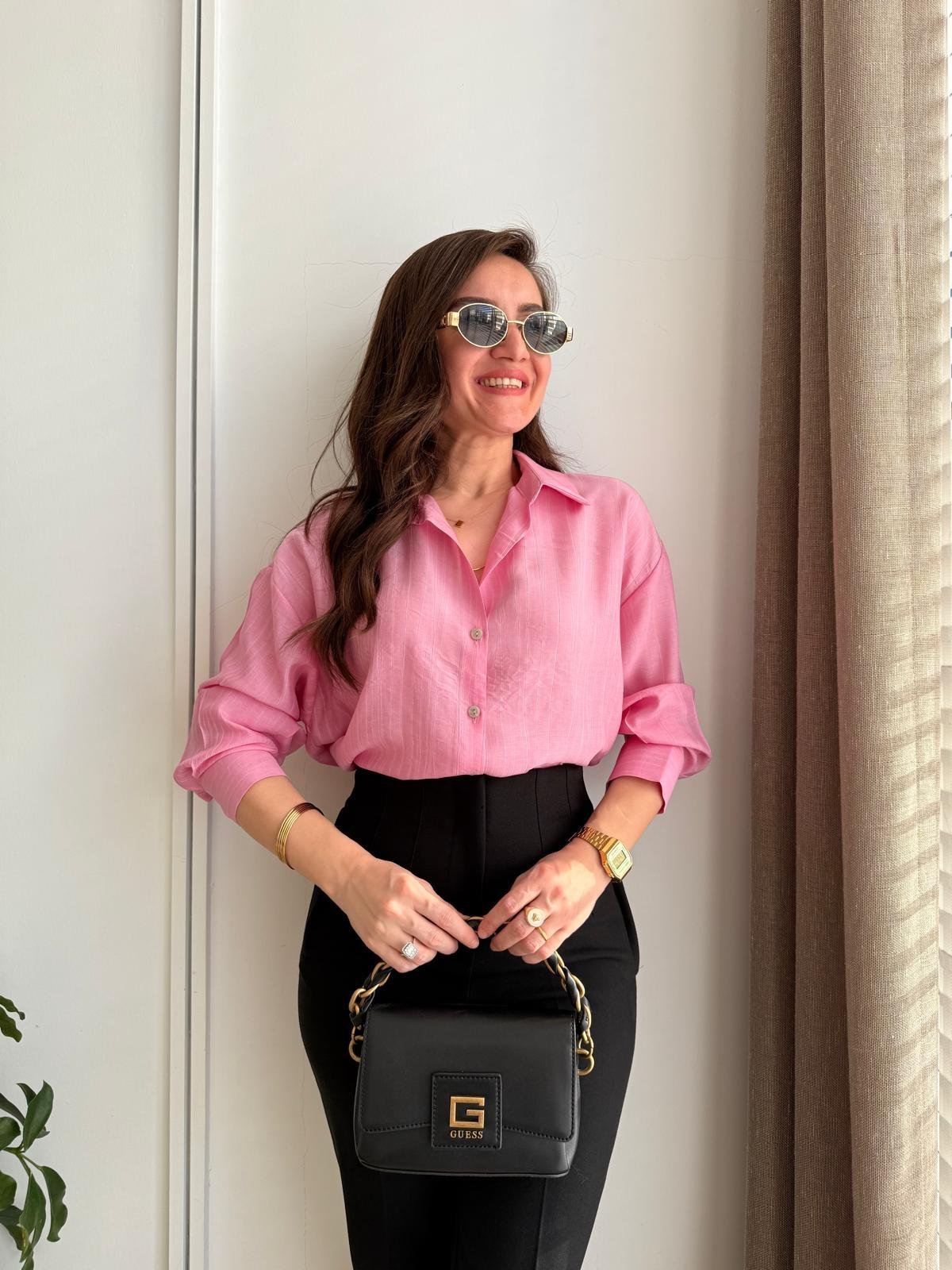 Pembe Krinkıl Kumaş Çizgili Gömlek 16465
