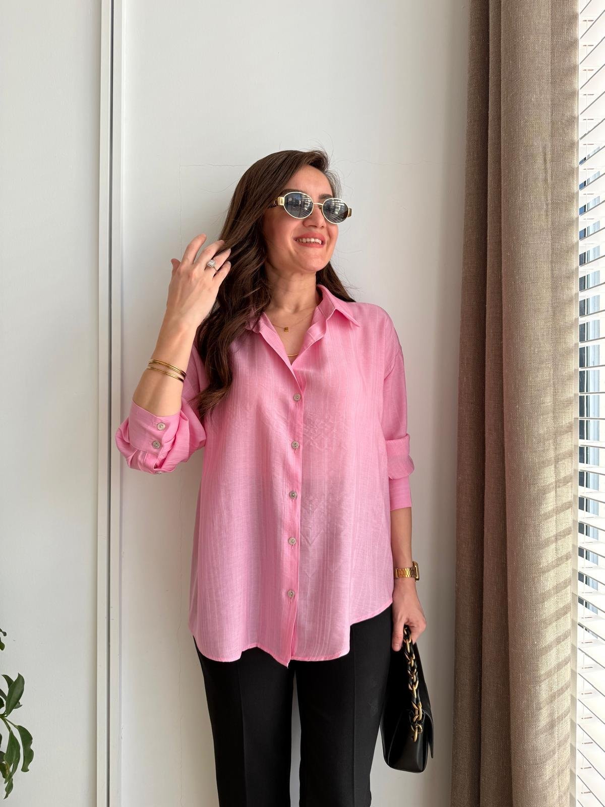 Pembe Krinkıl Kumaş Çizgili Gömlek 16465