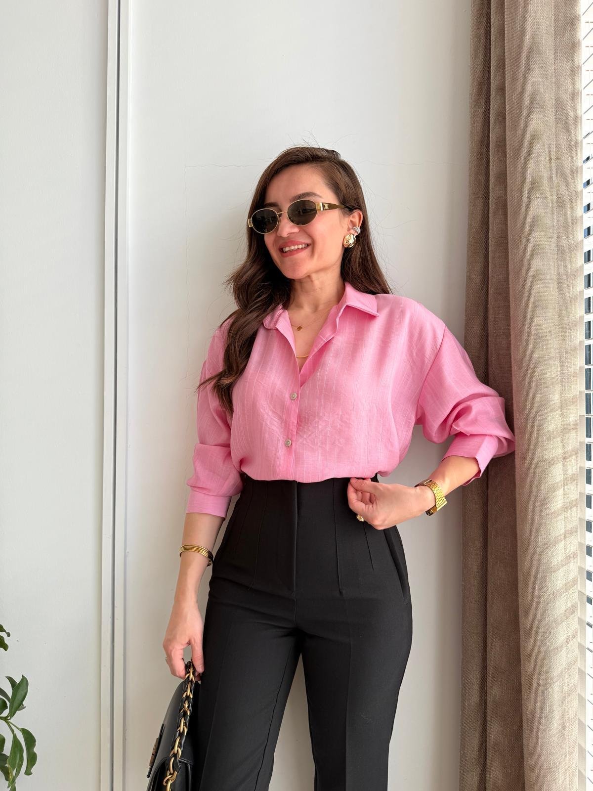 Pembe Krinkıl Kumaş Çizgili Gömlek 16465