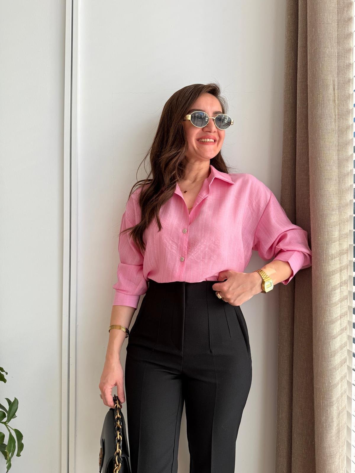 Pembe Krinkıl Kumaş Çizgili Gömlek 16465