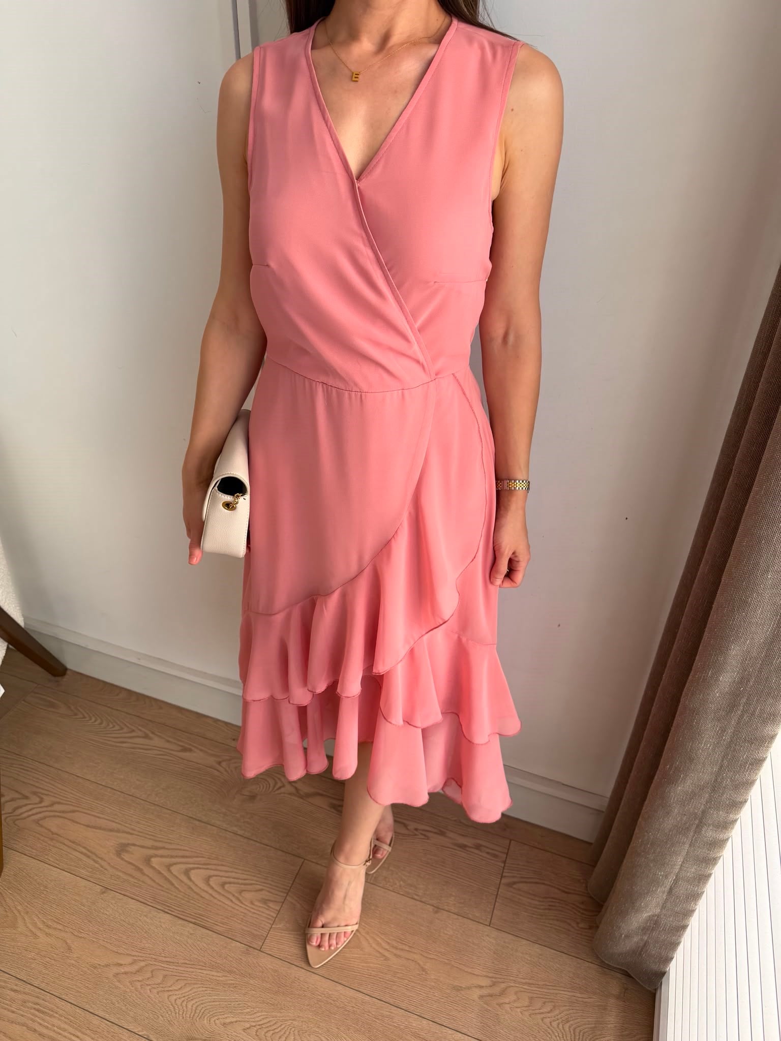 Pembe Kruvaze Kapama Volanlı Şifon Elbise 2788