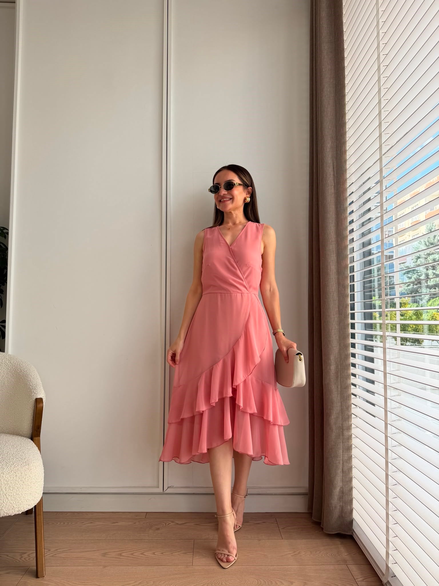 Pembe Kruvaze Kapama Volanlı Şifon Elbise 2788