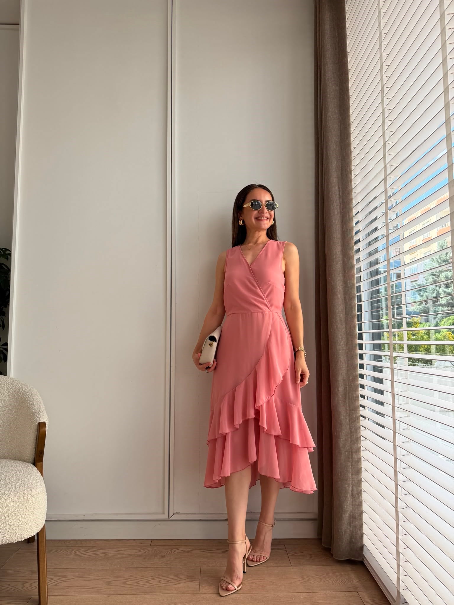 Pembe Kruvaze Kapama Volanlı Şifon Elbise 2788