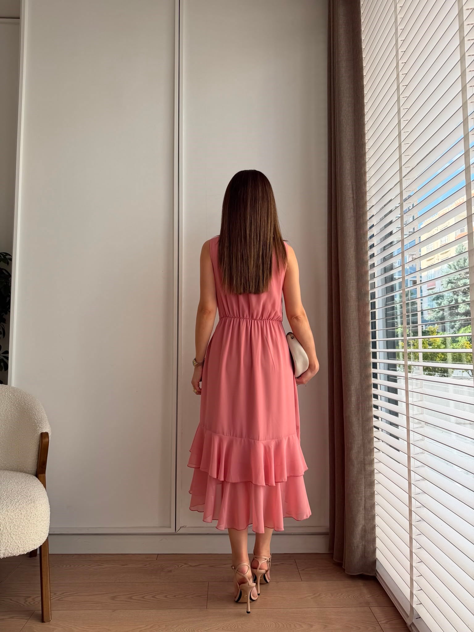 Pembe Kruvaze Kapama Volanlı Şifon Elbise 2788