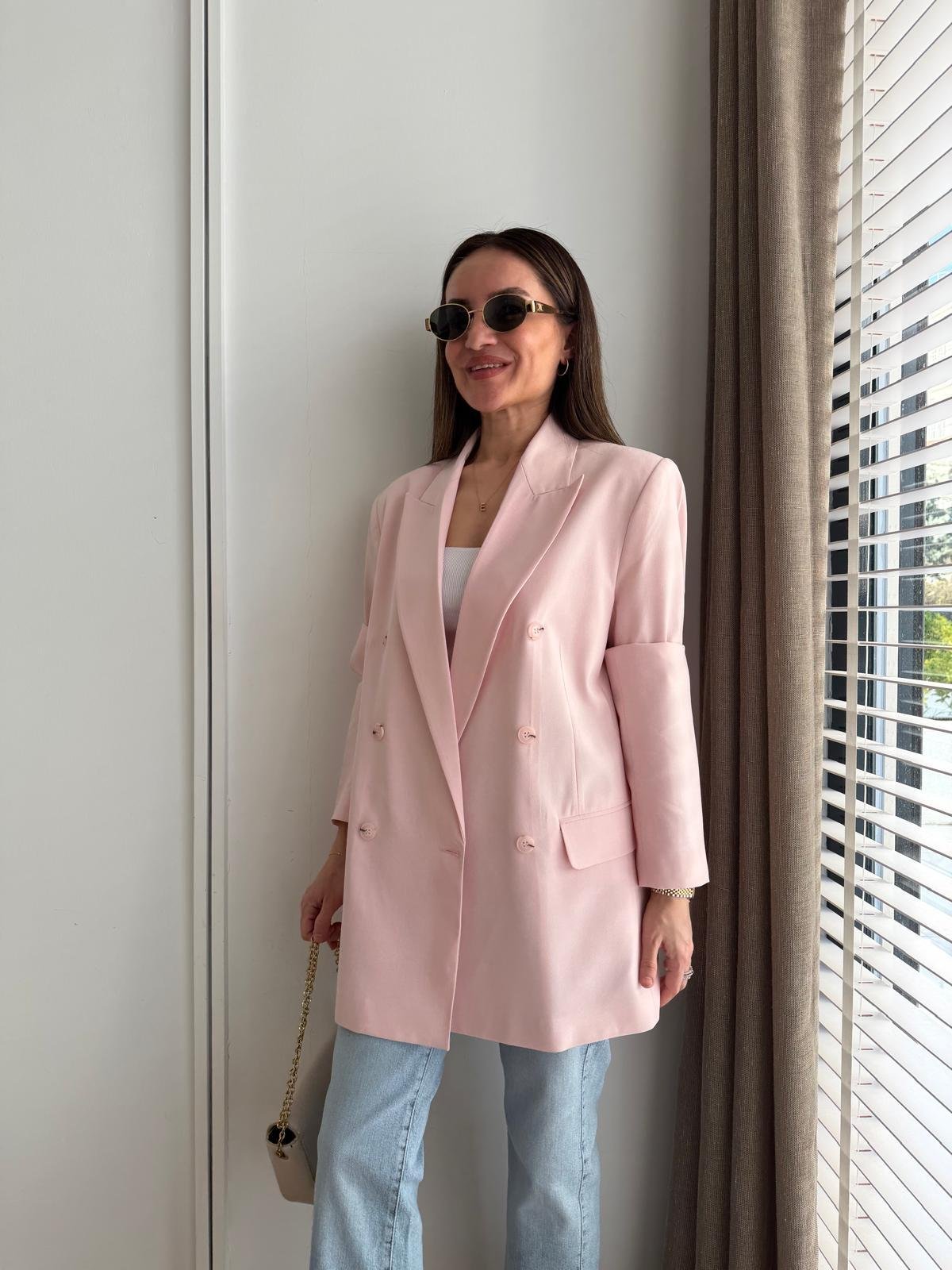 Pembe Kruvaze Yaka Vatkalı Blazer Ceket 60798