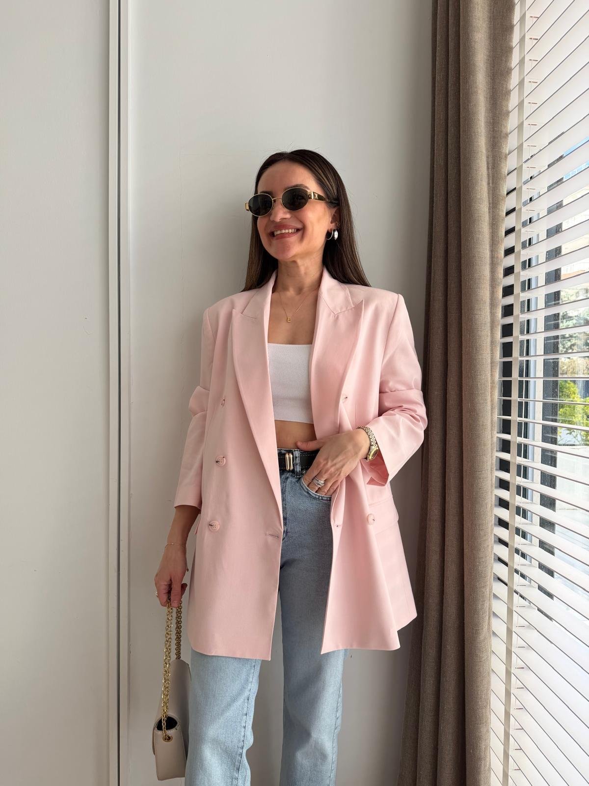 Pembe Kruvaze Yaka Vatkalı Blazer Ceket 60798
