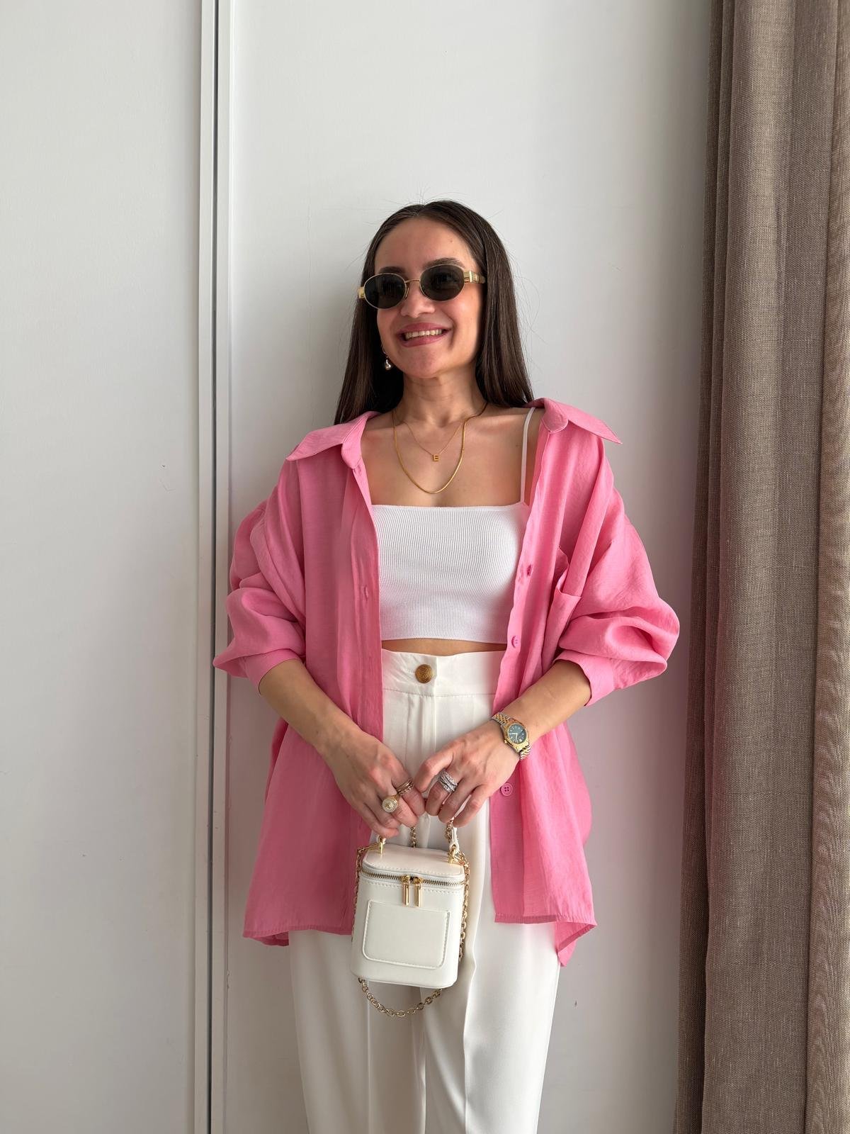 Pembe Lüx Kalite Oversize Gömlek 4612
