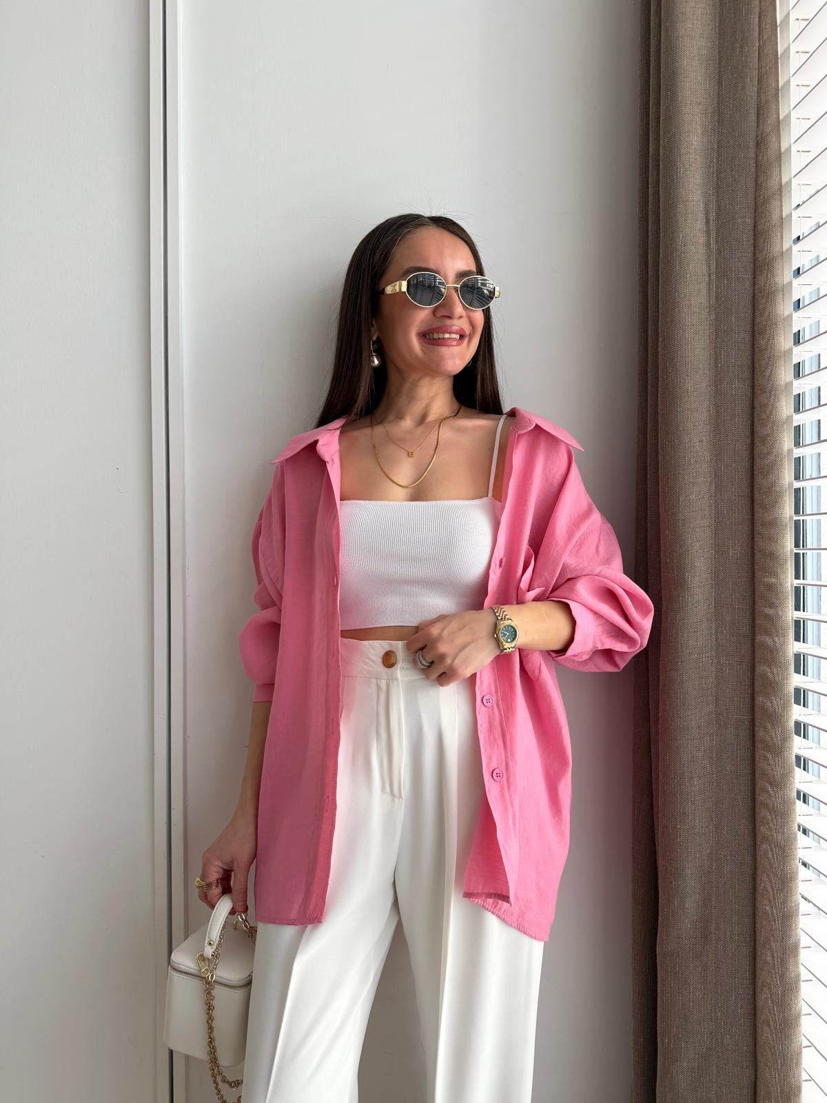Pembe Lüx Kalite Oversize Gömlek 4612