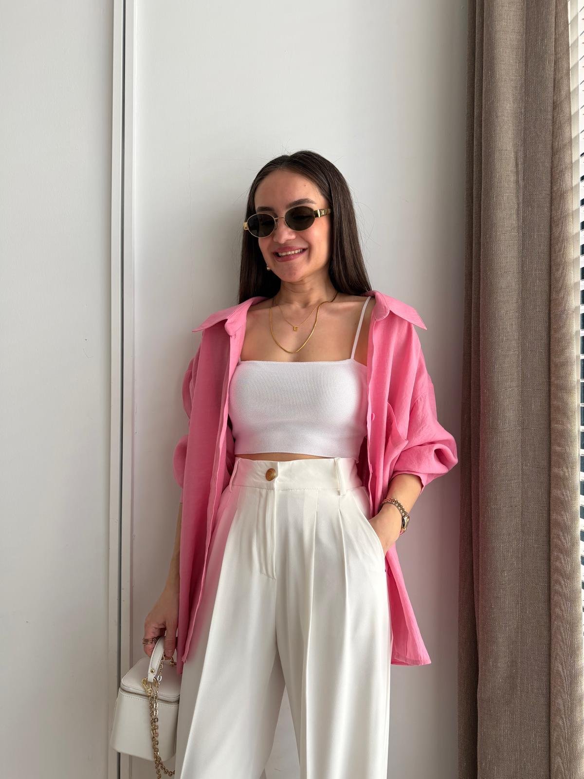 Pembe Lüx Kalite Oversize Gömlek 4612
