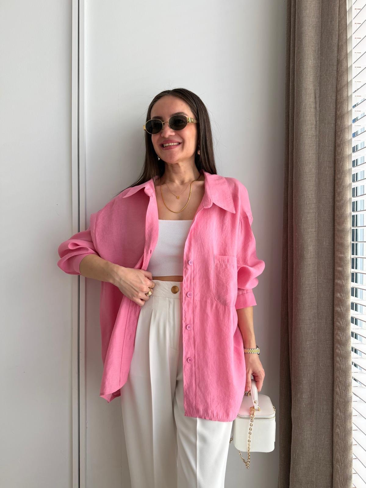 Pembe Lüx Kalite Oversize Gömlek 4612