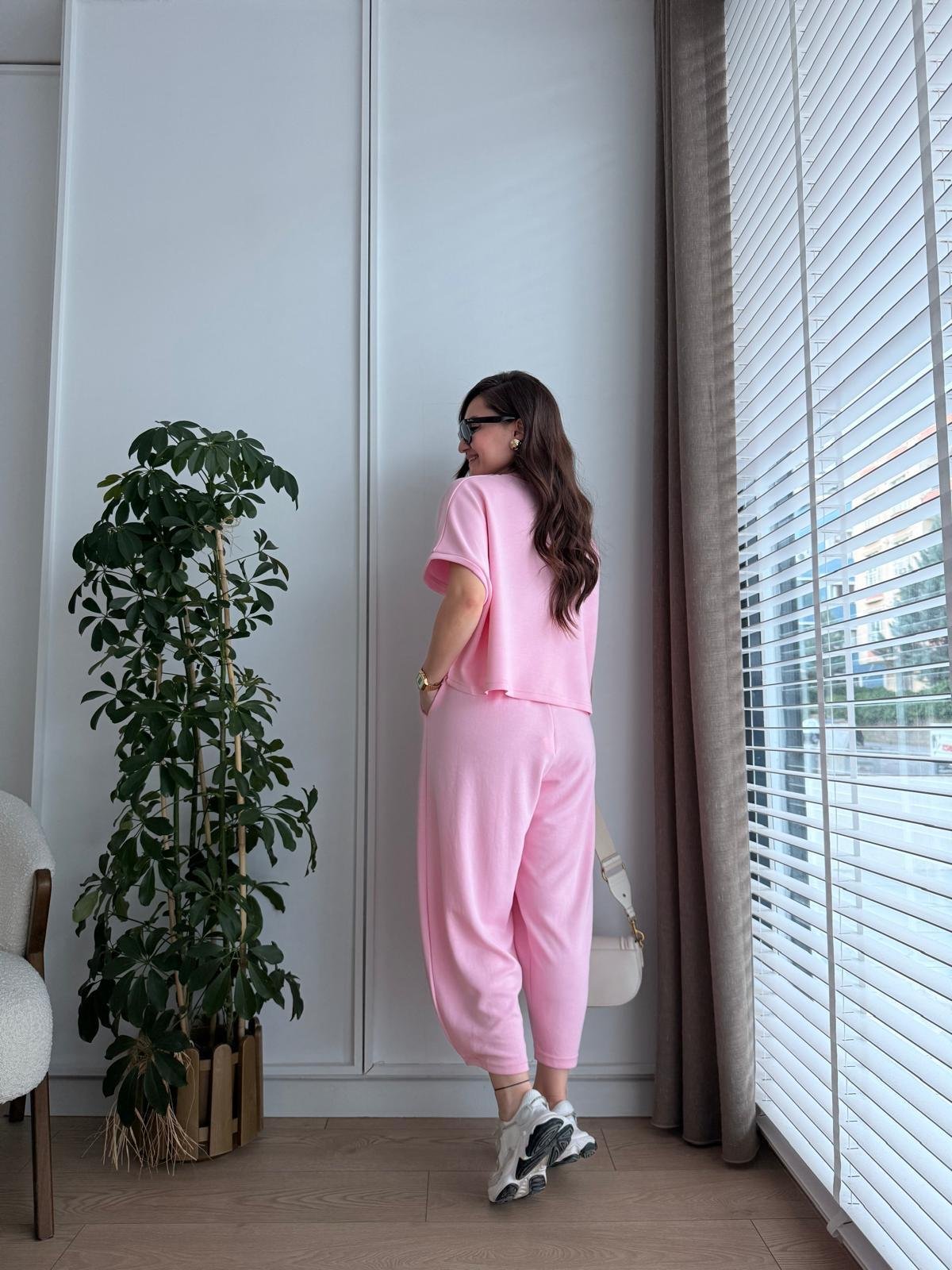 Pembe Modal Kumaş Paça Detaylı Takım 963