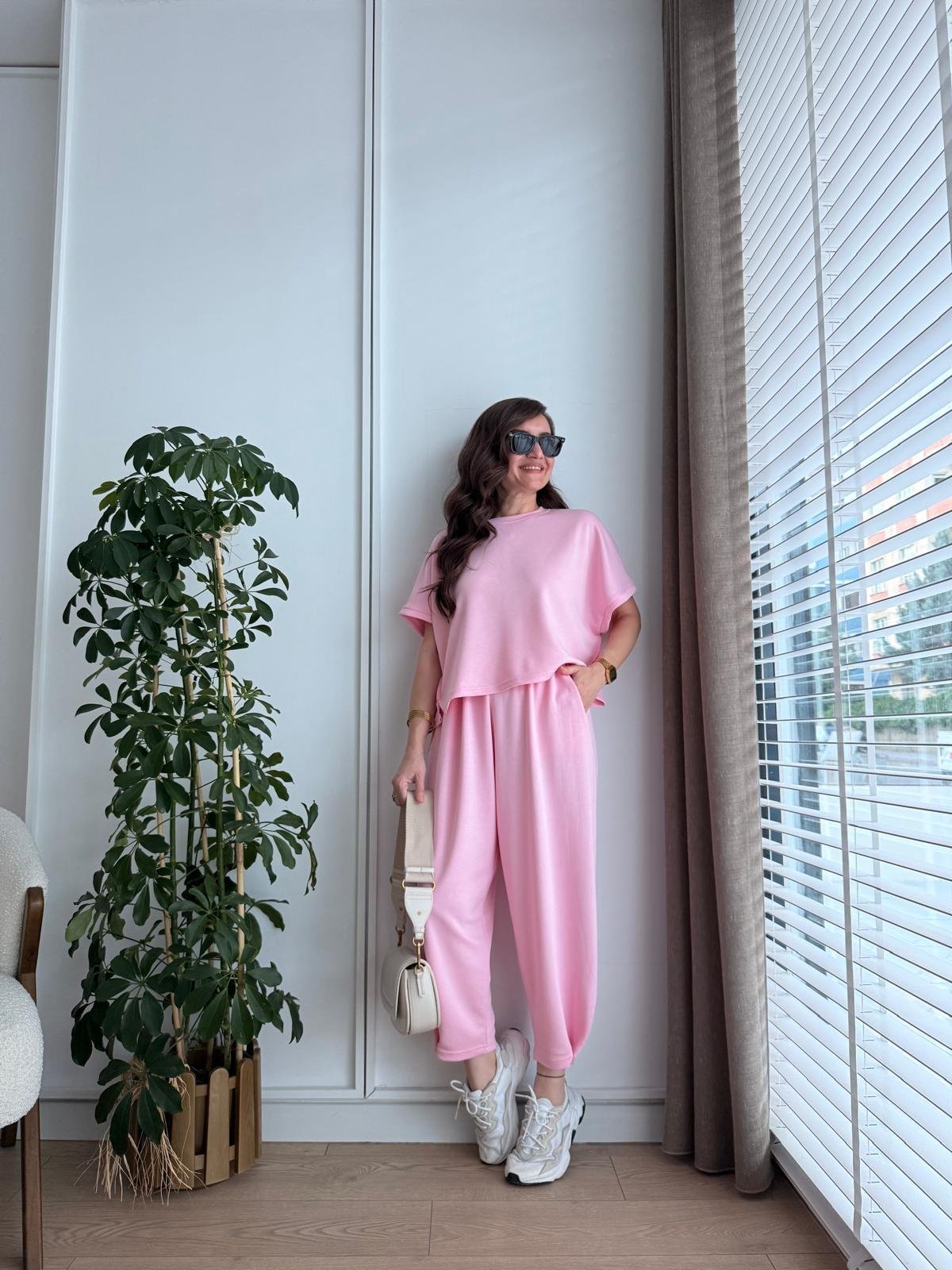 Pembe Modal Kumaş Paça Detaylı Takım 963
