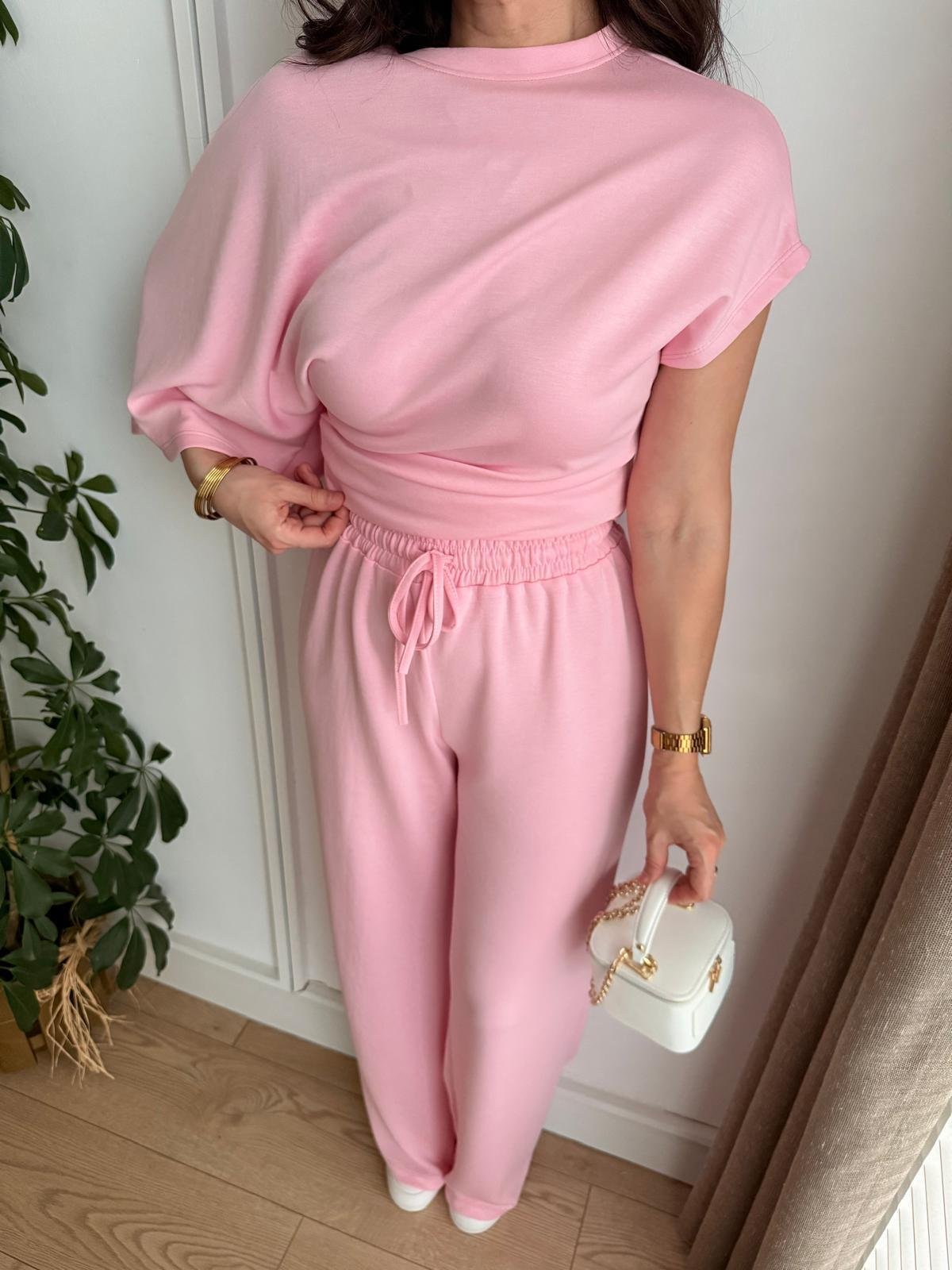 Pembe Modal Kumaş Yarasa Kol Bluz Pantolon Takım 3530