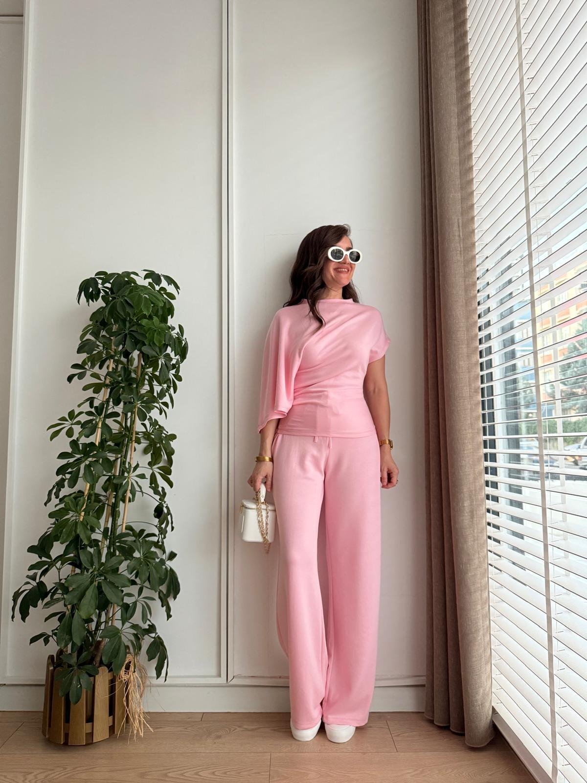 Pembe Modal Kumaş Yarasa Kol Bluz Pantolon Takım 3530
