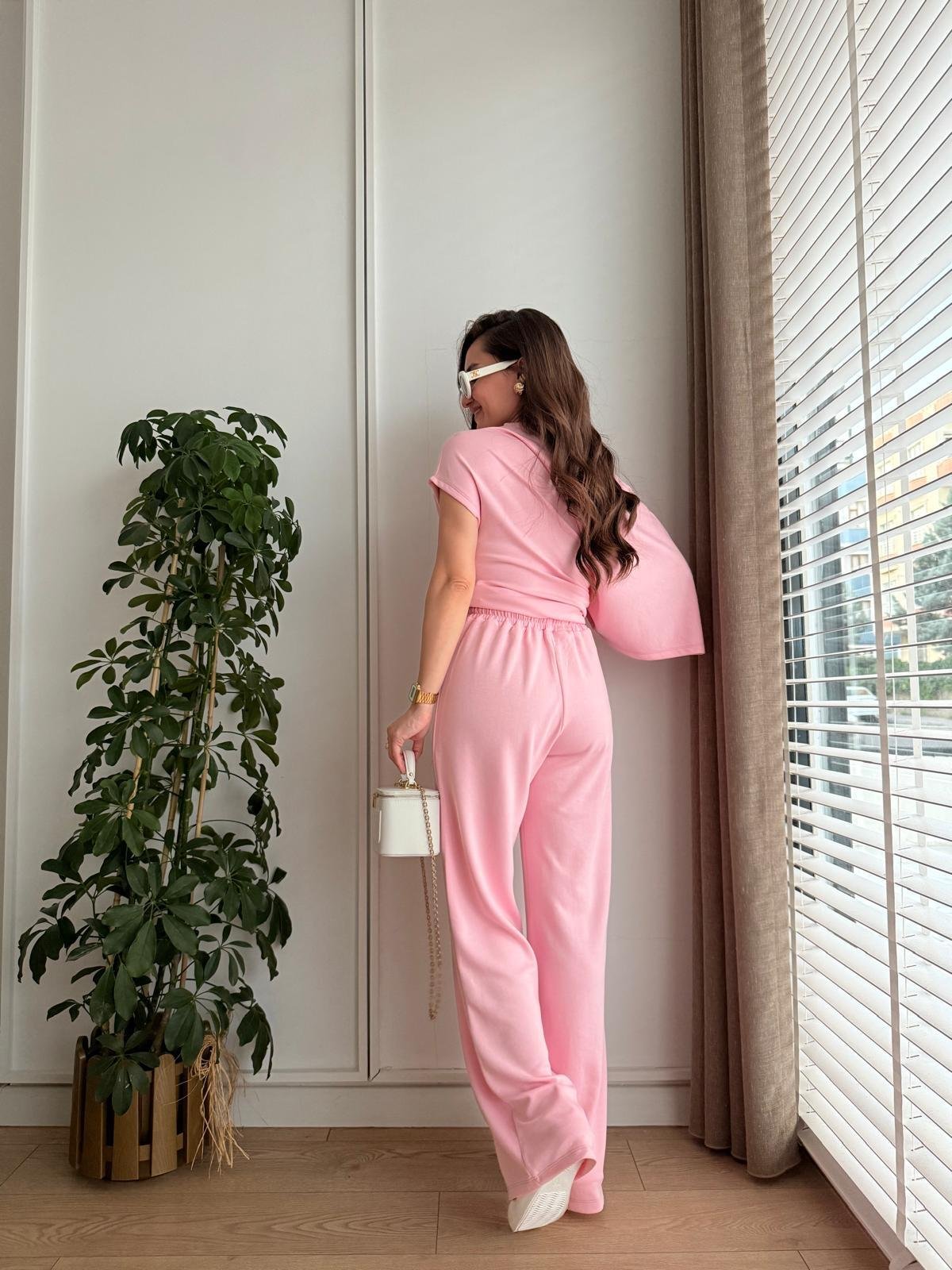 Pembe Modal Kumaş Yarasa Kol Bluz Pantolon Takım 3530