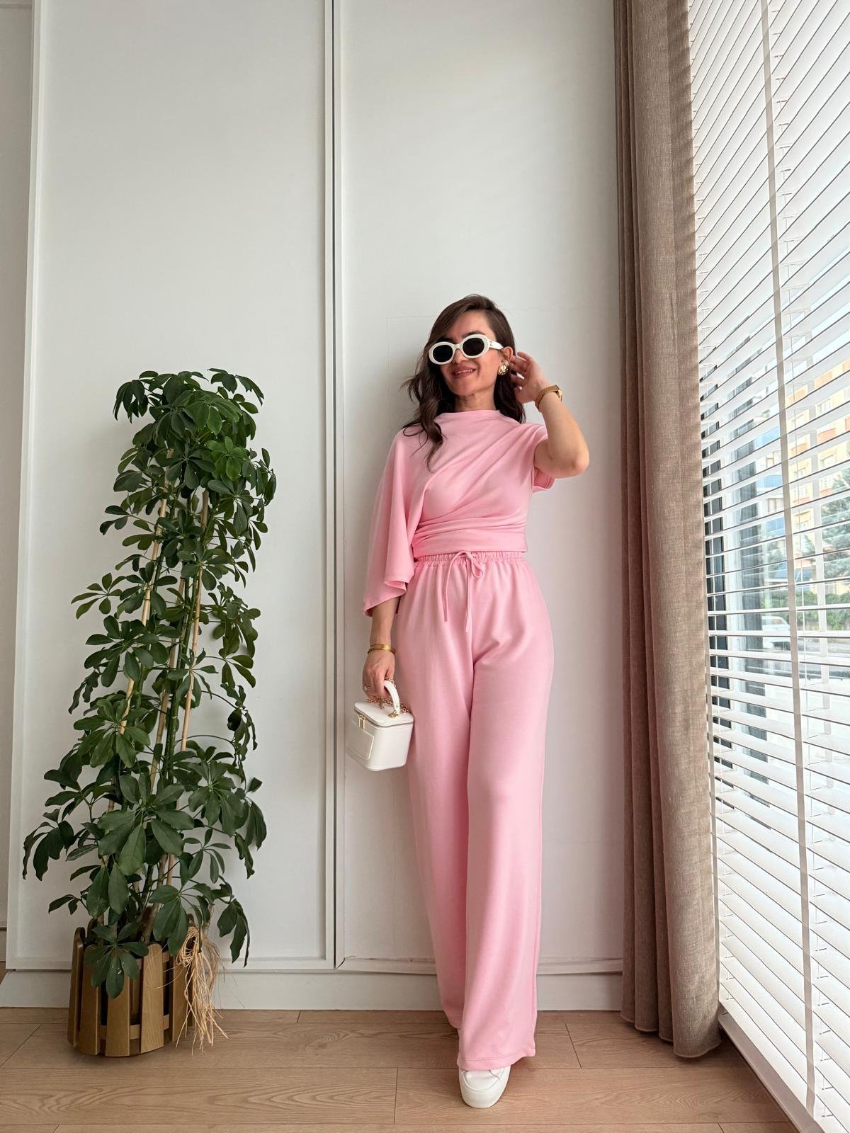 Pembe Modal Kumaş Yarasa Kol Bluz Pantolon Takım 3530