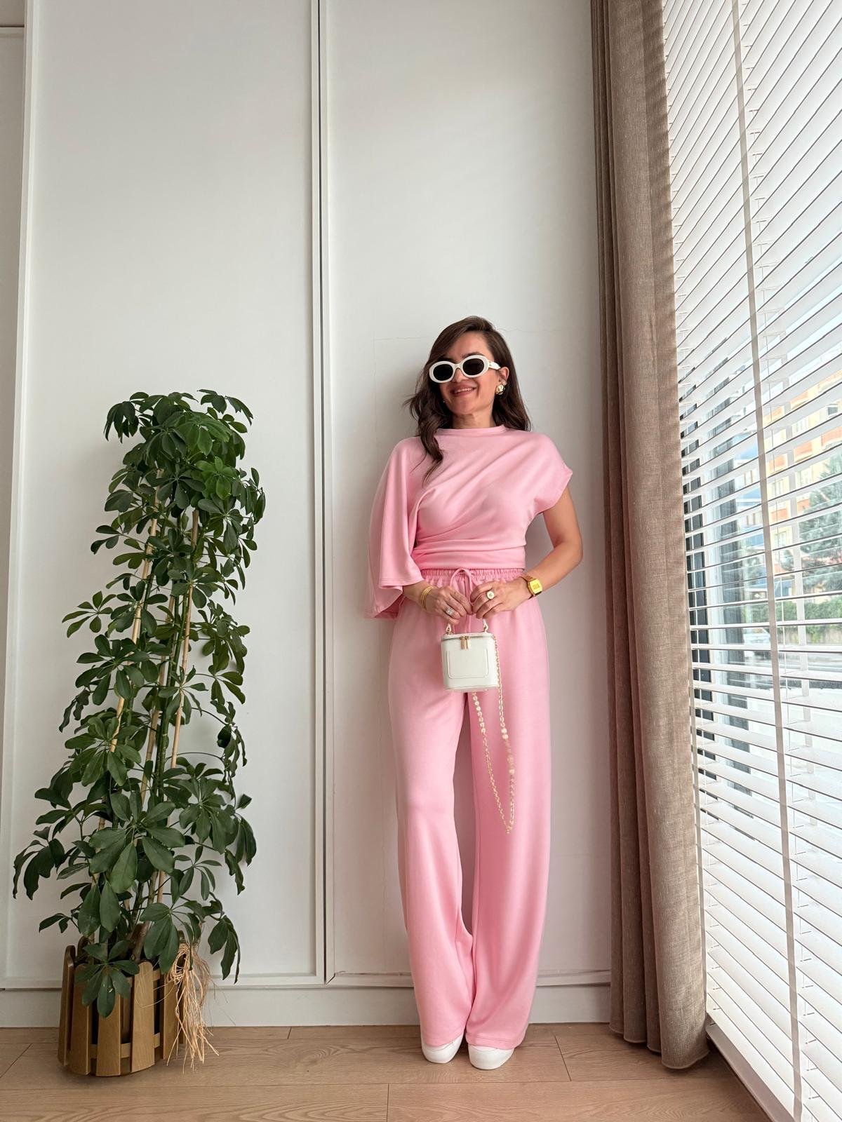 Pembe Modal Kumaş Yarasa Kol Bluz Pantolon Takım 3530