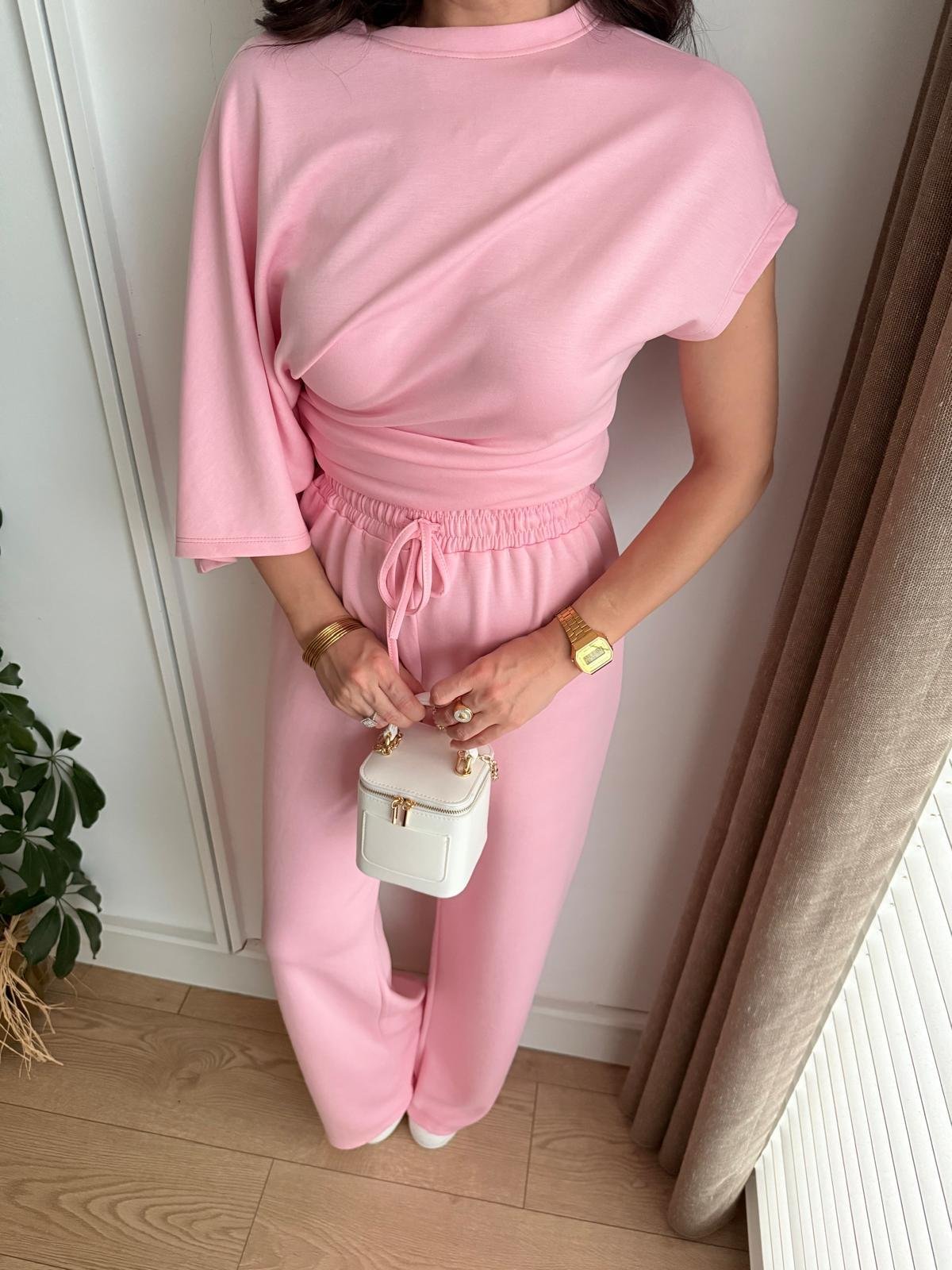 Pembe Modal Kumaş Yarasa Kol Bluz Pantolon Takım 3530