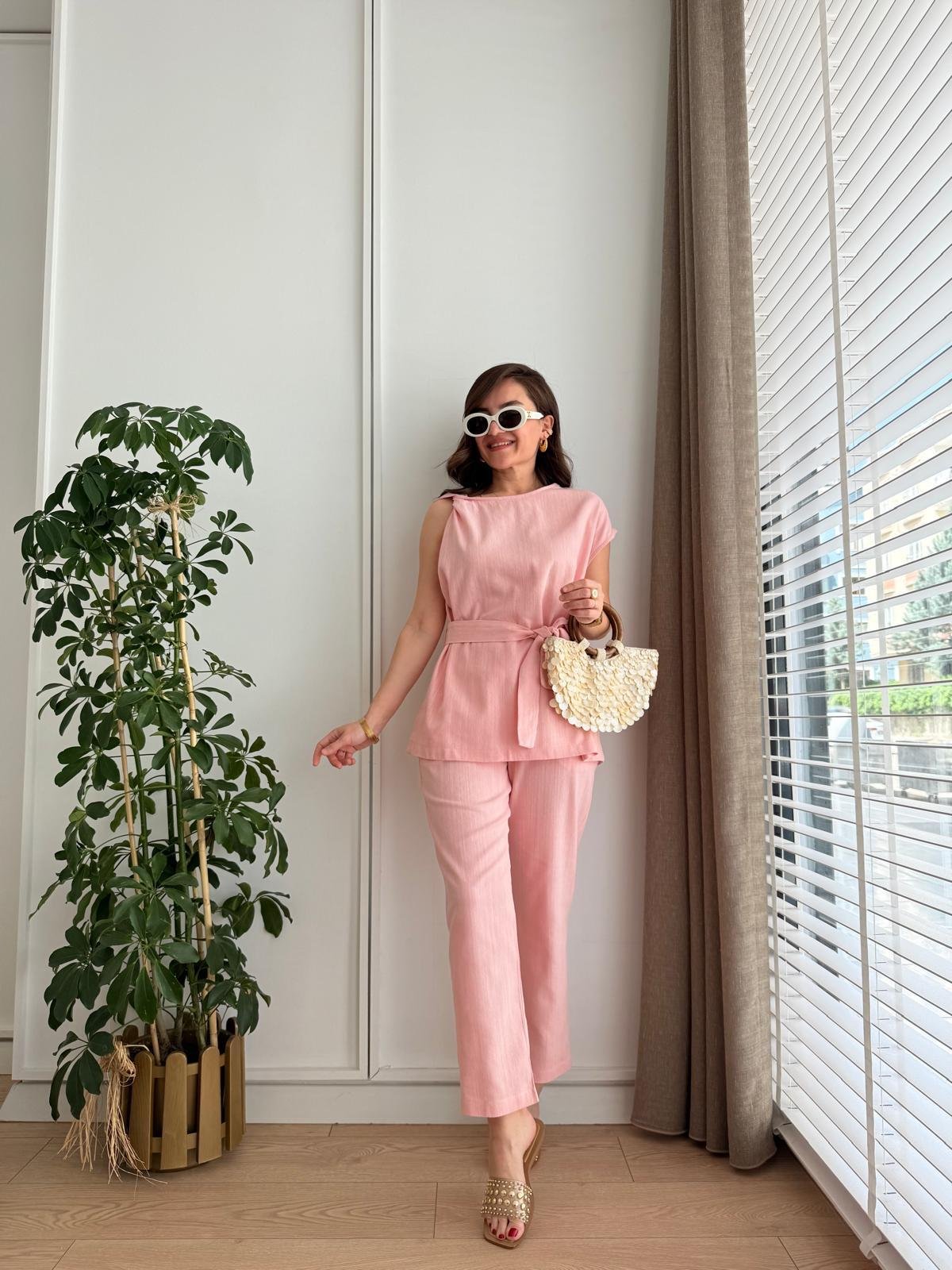 Pembe Omuz Detaylı Bluz Pantolon Takım 8644