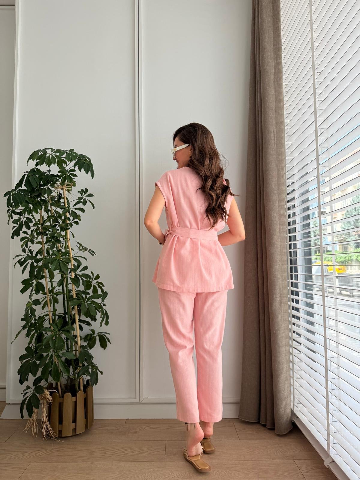 Pembe Omuz Detaylı Bluz Pantolon Takım 8644