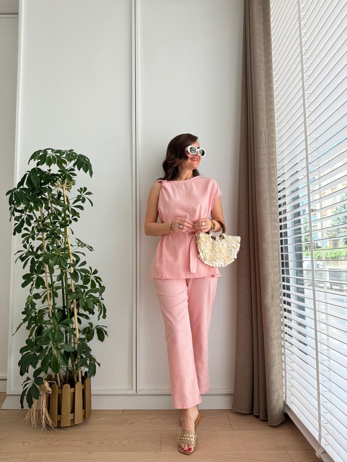 Pembe Omuz Detaylı Bluz Pantolon Takım 8644