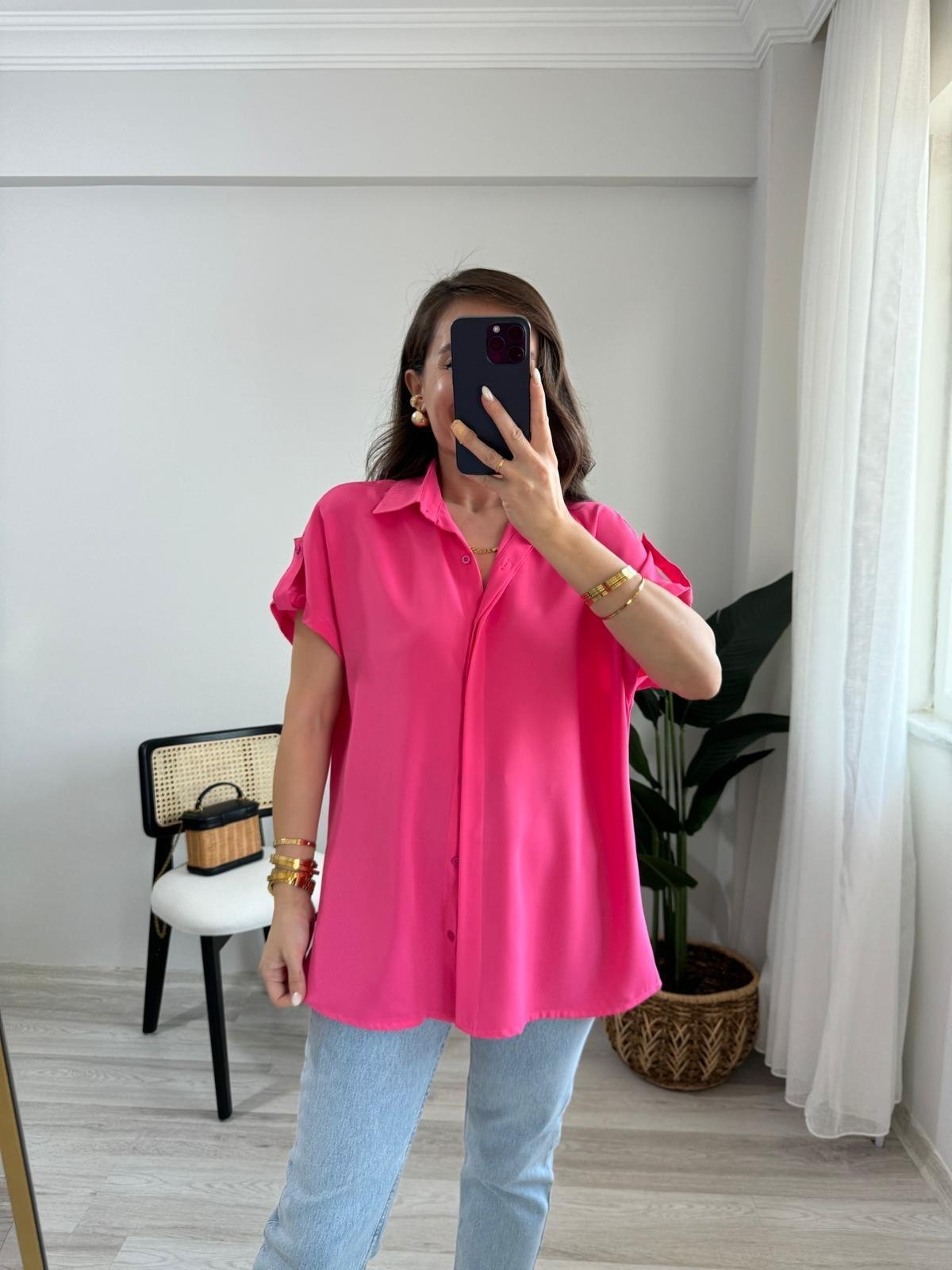 Pembe Omuz Detaylı Kolsuz Gömlek 504